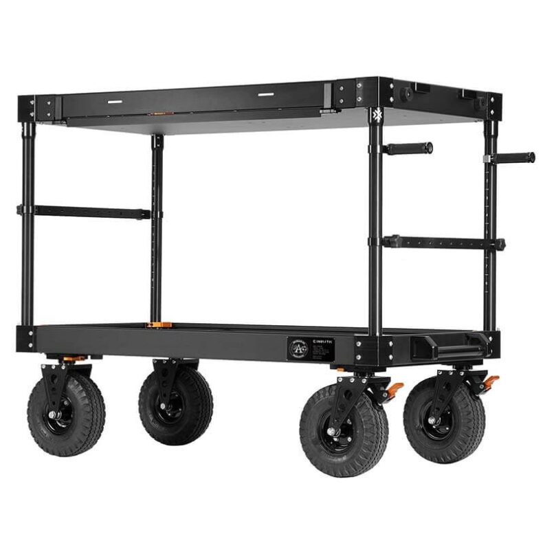 Carro Apollo 52 EVO de 52 pulgadas, ideal para DIT, técnicos digitales, fotógrafos y técnicos de cámara, proporcionando una solución robusta y eficiente para el transporte y organización de equipos en producciones audiovisuales.